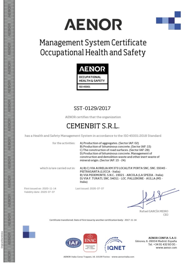 AENOR Certificato del Sistema di Gestione Sicurezza e Salute sul Lavoro